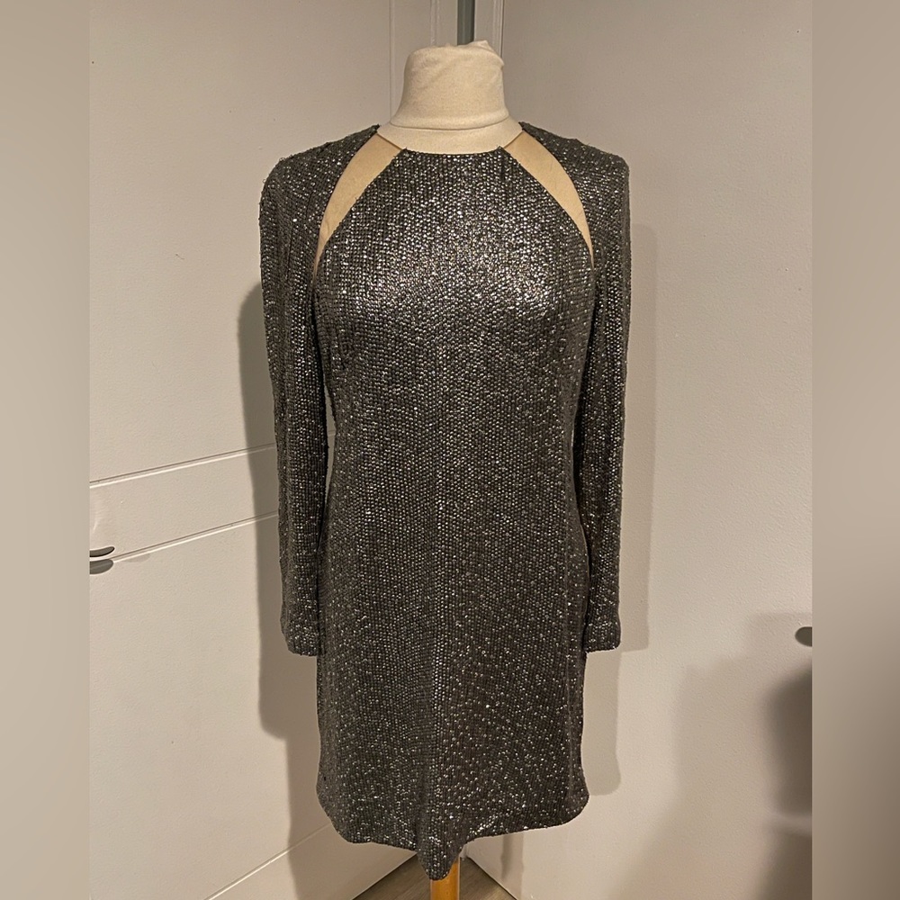 Kaufman Franco chrome beaded dress w/mesh cutouts